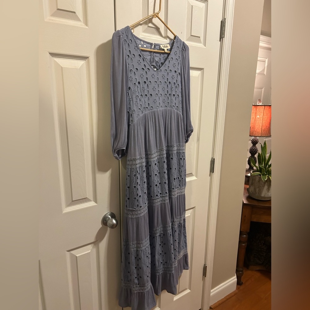 Listicle 3/4 Sleeve Eyelet Dress in Periwinkle Blue, size S